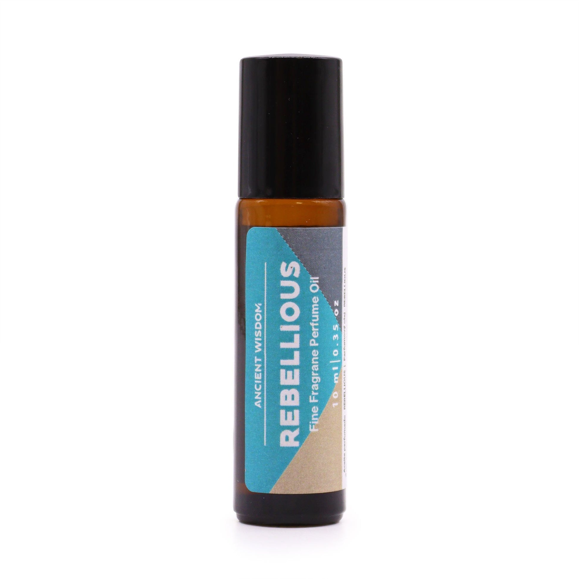 A 10ml glass rollerball bottle of Rebellious perfume oil with a blue and black label design.