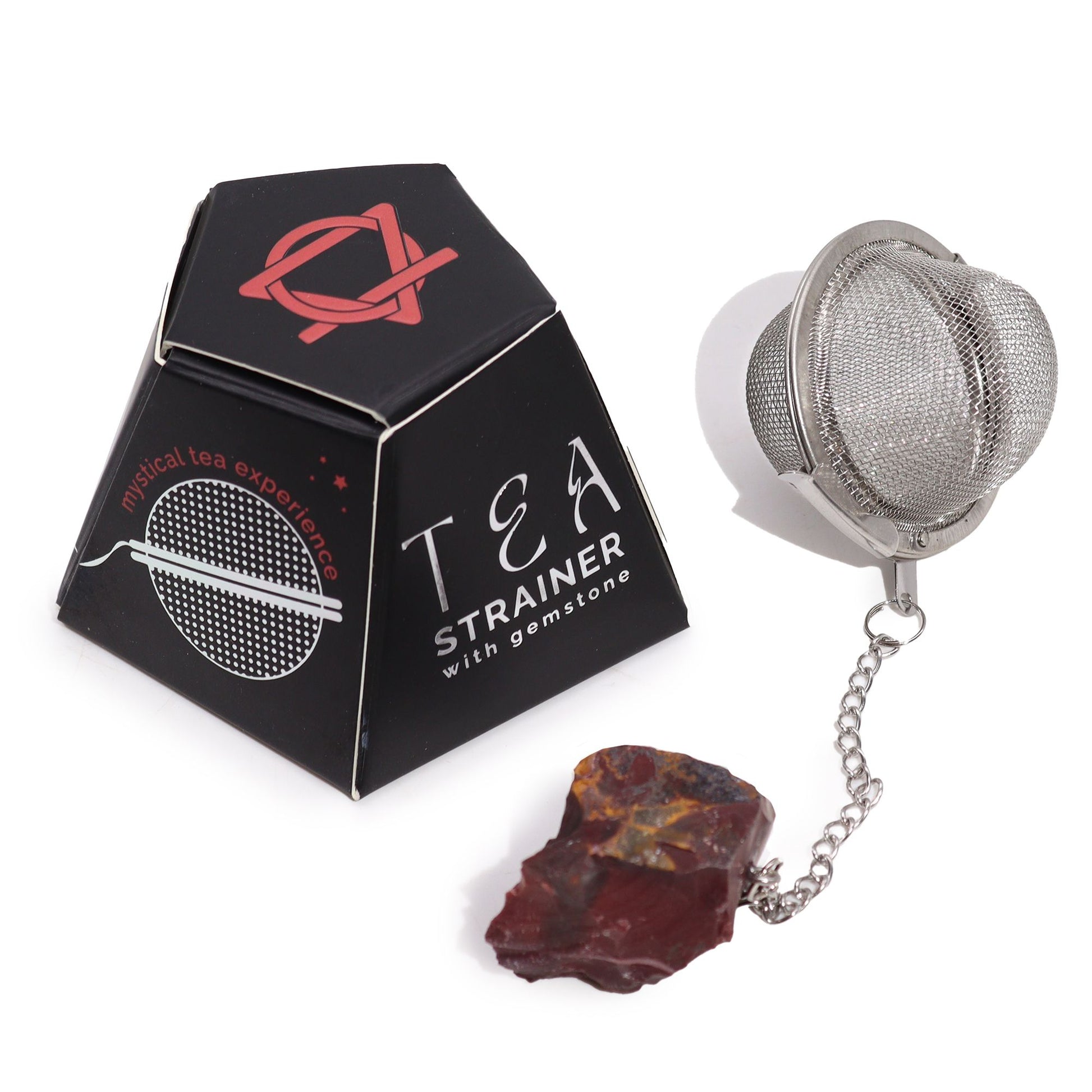 Silver mesh tea strainer ball with a raw earth-toned Mookaite gemstone charm on the end of the chain.