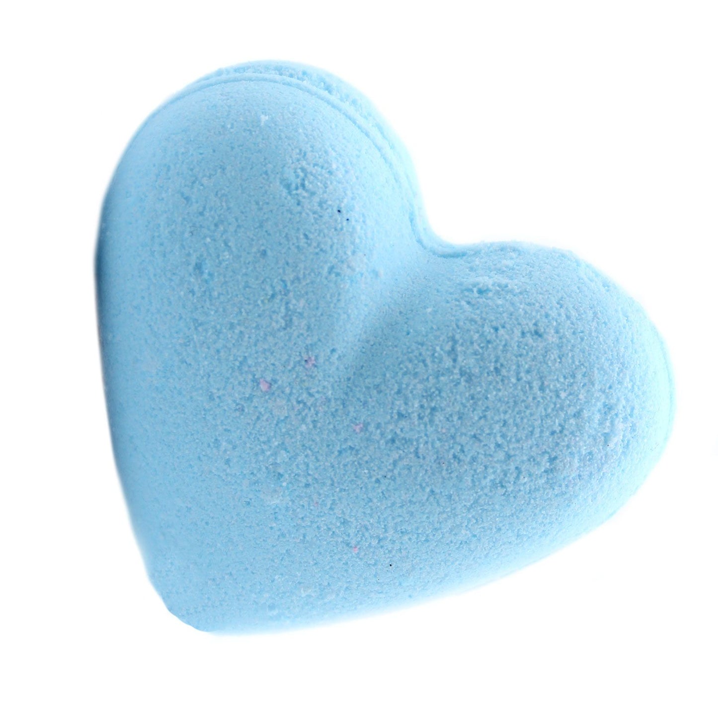 A light blue, heart-shaped bath bomb weighing 70g with a fresh, clean baby powder fragrance.