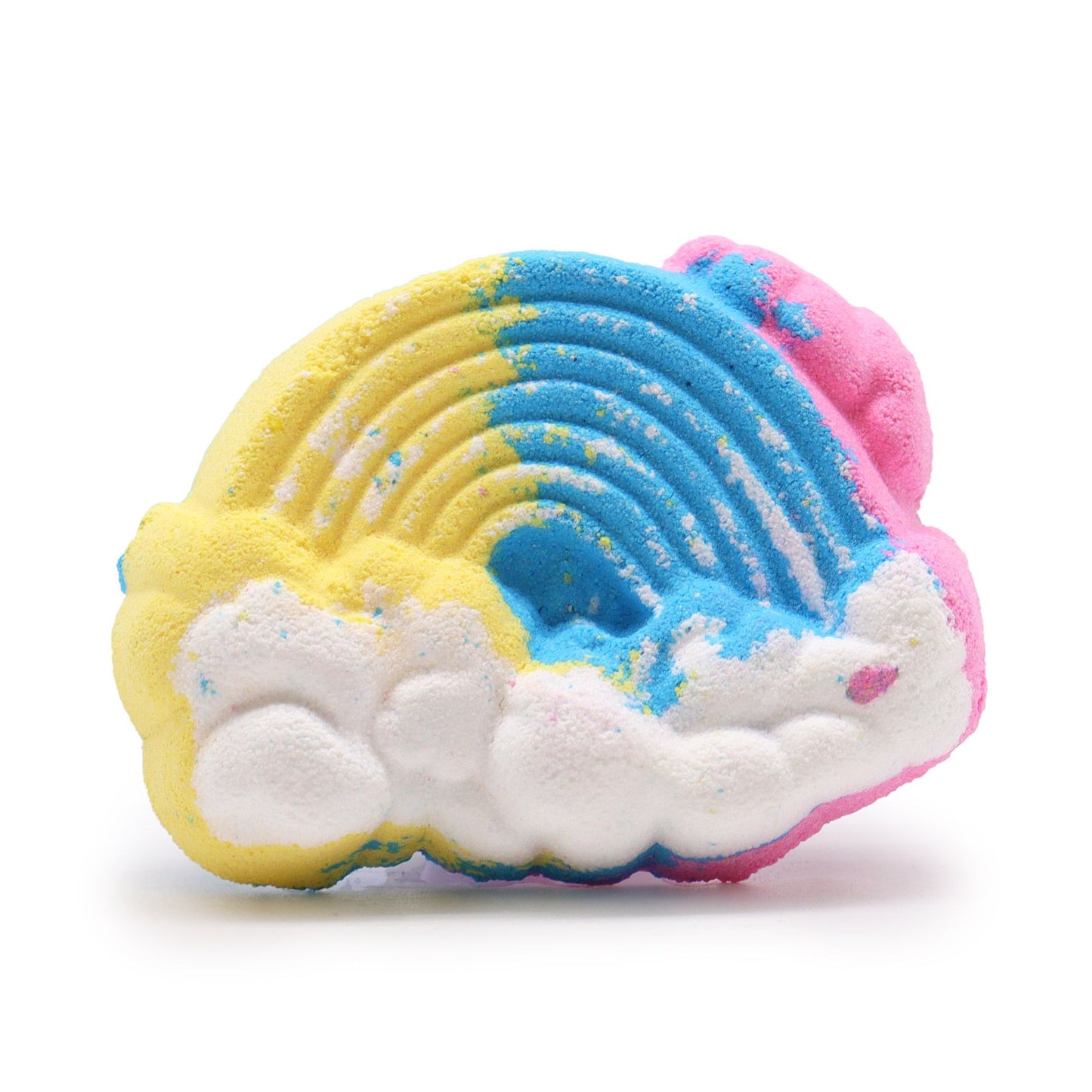 A whimsical white cloud-shaped bath bomb featuring a vibrant, multi-colored rainbow pattern on its front.