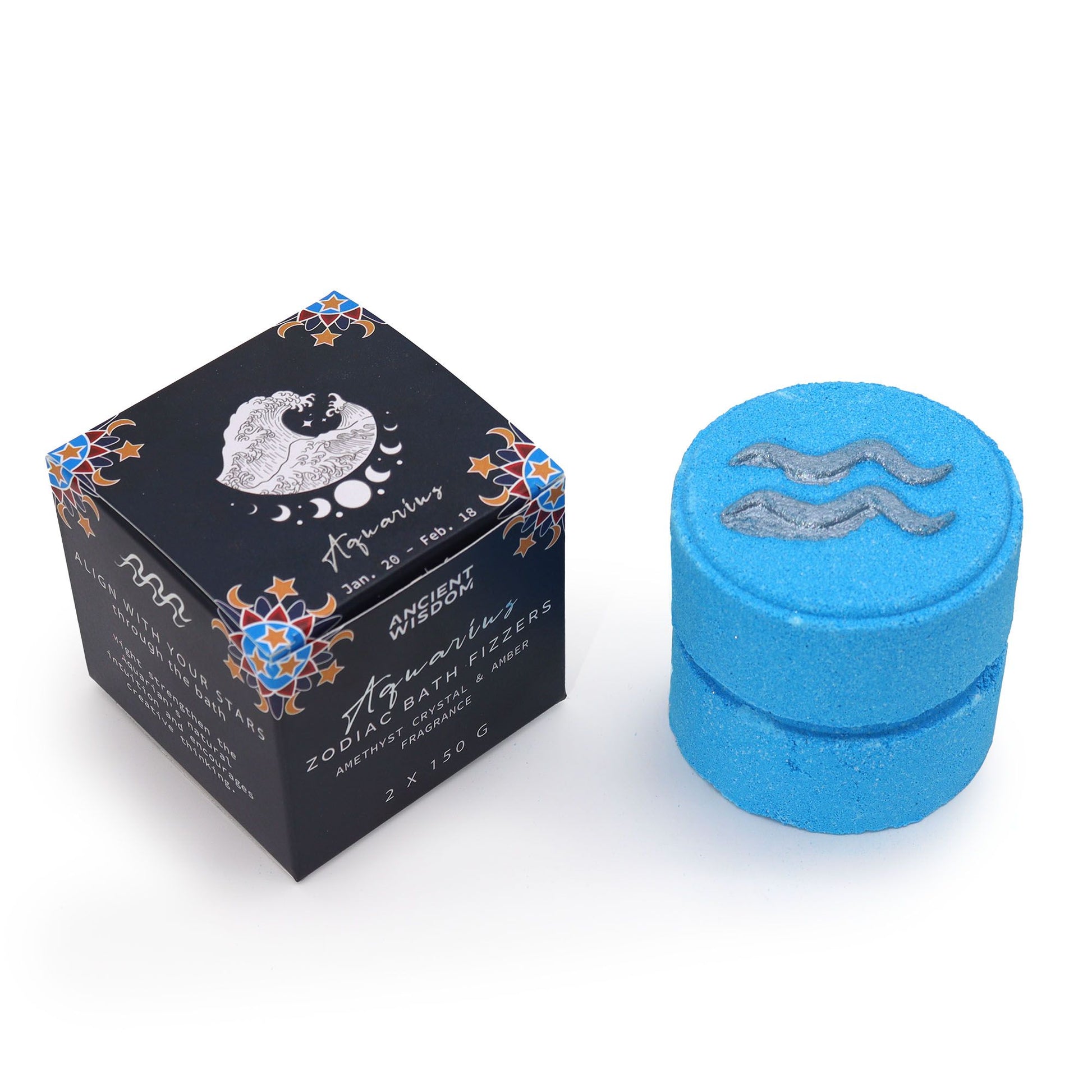 A blue-themed set of zodiac bath fizzers for the Aquarius sign, packaged with horoscope details in a mystical box.