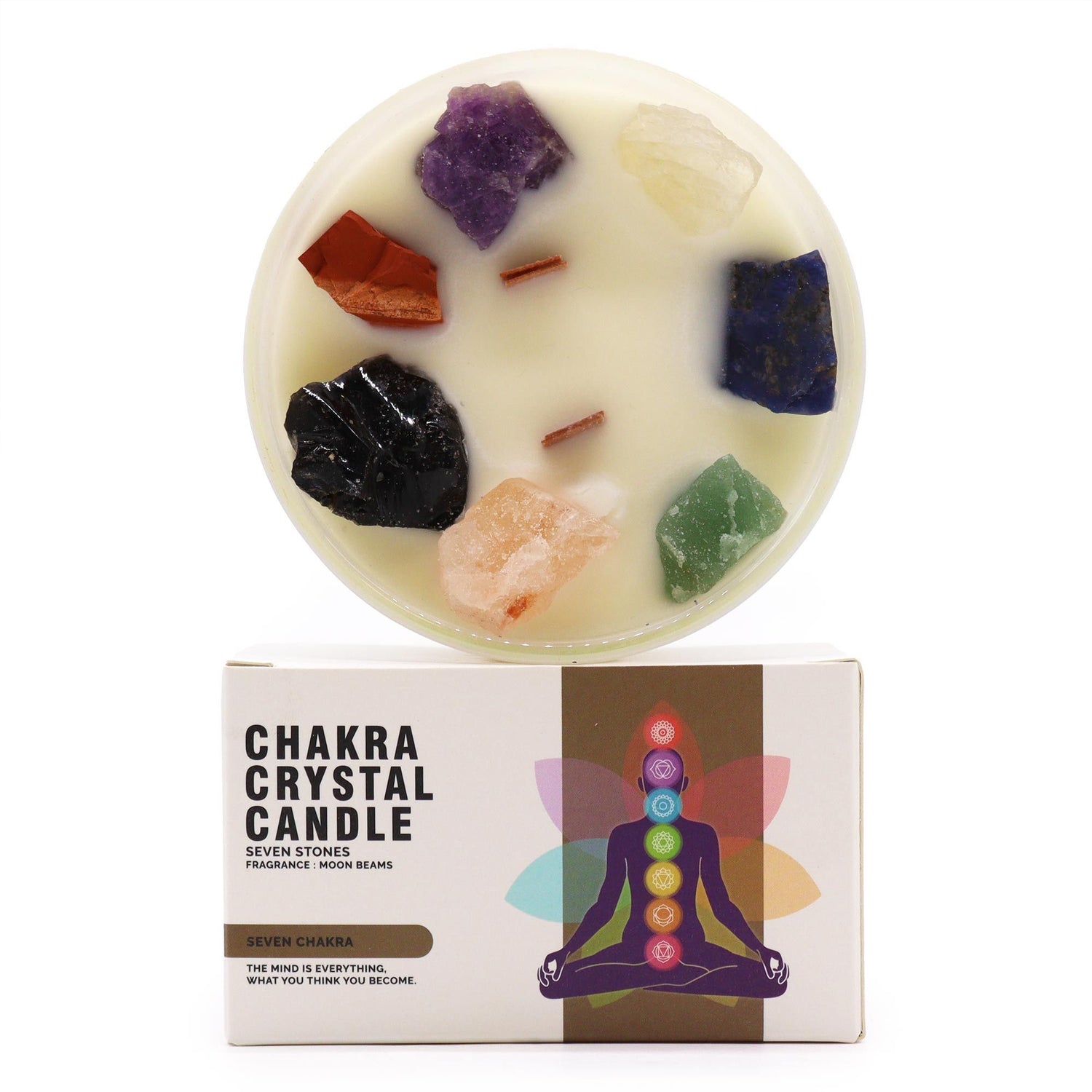 Top-down view of a Seven Chakra soy wax candle showing seven different raw healing stones and wood wicks with its branded box.
