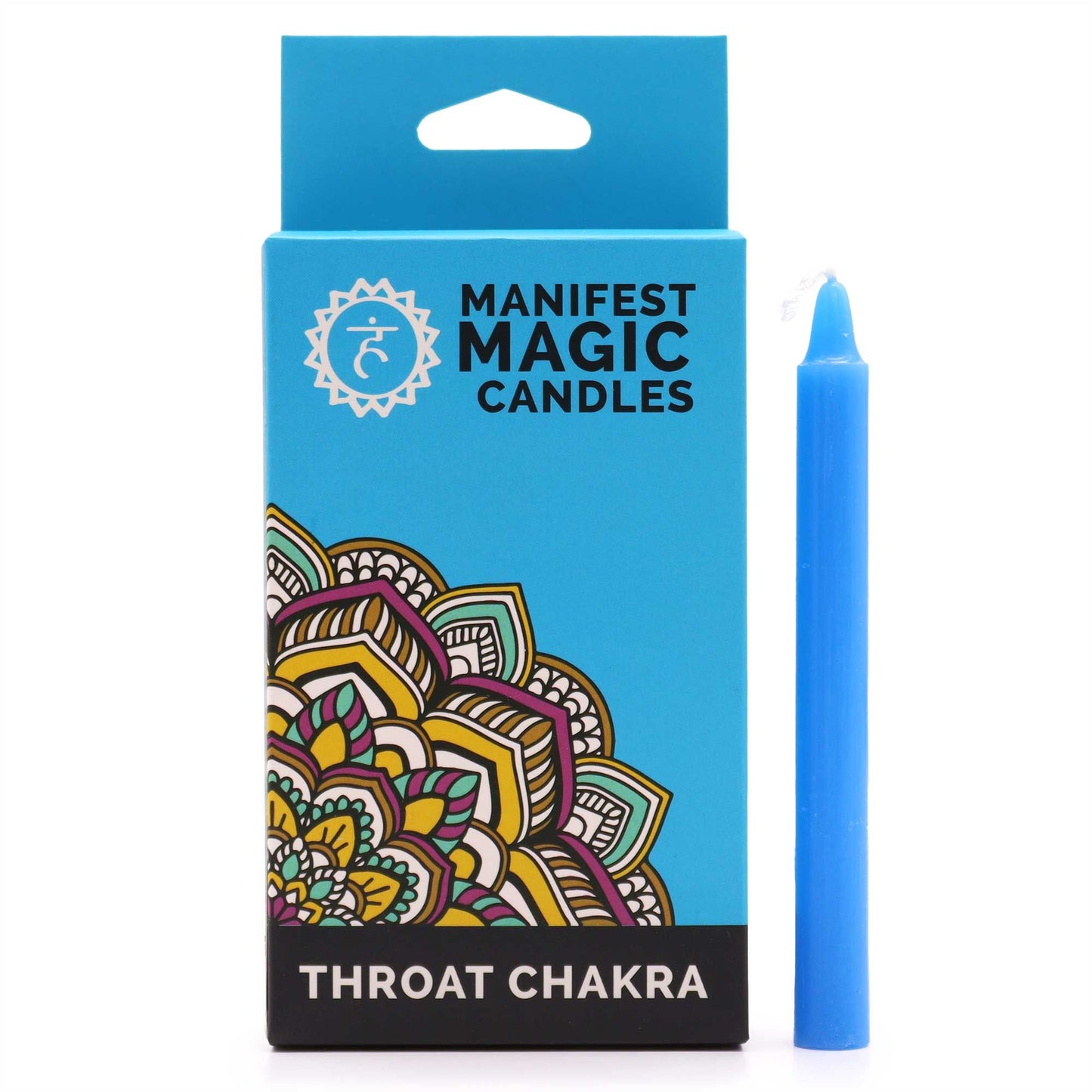 A blue and gold ritual candle box showing throat chakra symbols, containing twelve slim blue manifest candles.