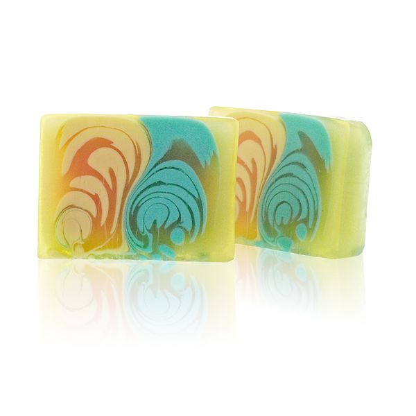 A 120g artisan soap bar featuring vibrant green and yellow swirls with a fresh, sweet melon fragrance.