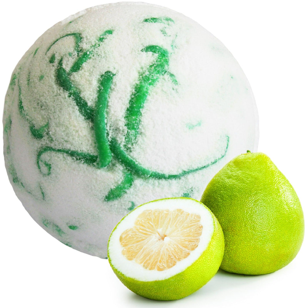 A jumbo 180g white and green marbled bath bomb featuring a zesty pomelo fragrance and skin-softening coconut oil.