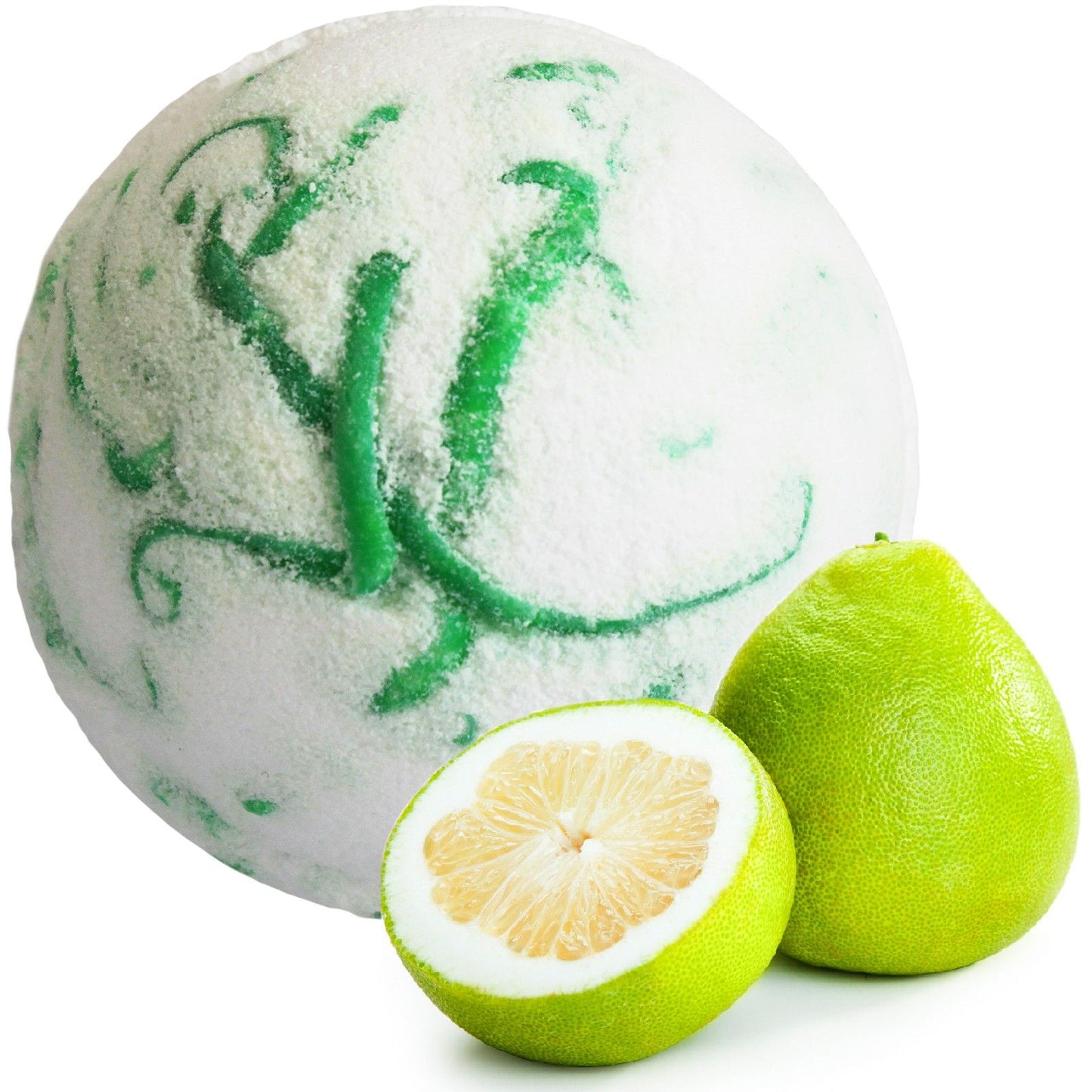 A jumbo 180g white and green marbled bath bomb featuring a zesty pomelo fragrance and skin-softening coconut oil.