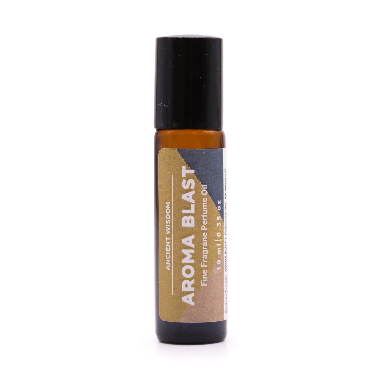 A slim 10ml glass rollerball perfume bottle with a golden label and a black metallic cap for on-the-go fragrance.
