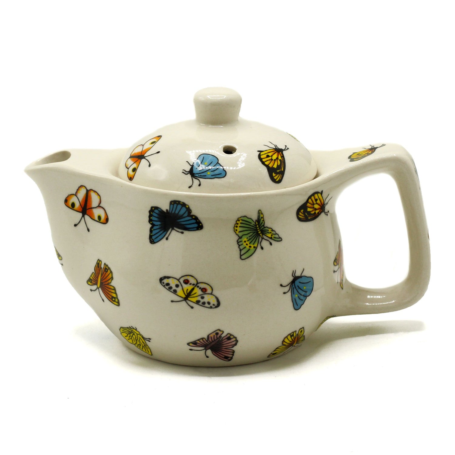 A small white ceramic teapot featuring colorful butterfly illustrations and floral accents for loose leaf tea.