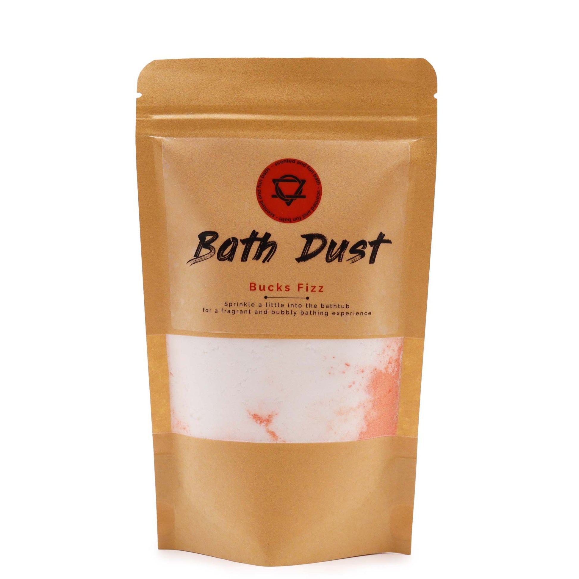 A stand-up kraft paper pouch containing bright orange bath fizzing dust with a vintage-style celebratory cocktail label.