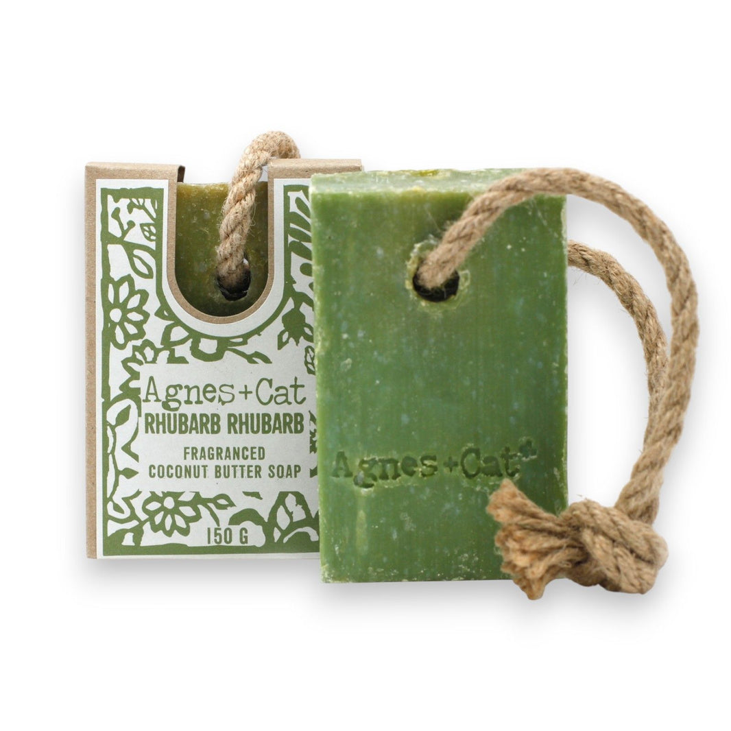 A 150g green and pink marbled artisan soap on a rope, featuring a fresh and tangy rhubarb scent.