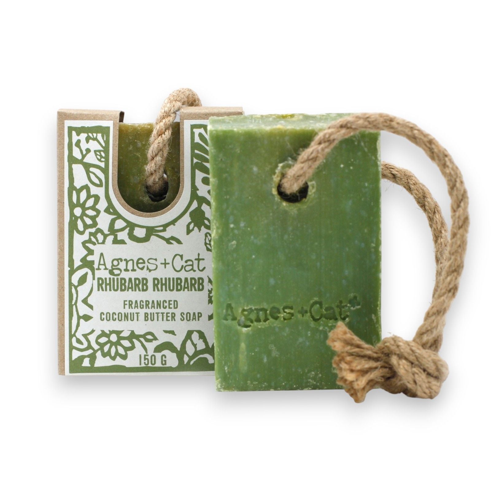 A 150g green and pink marbled artisan soap on a rope, featuring a fresh and tangy rhubarb scent.