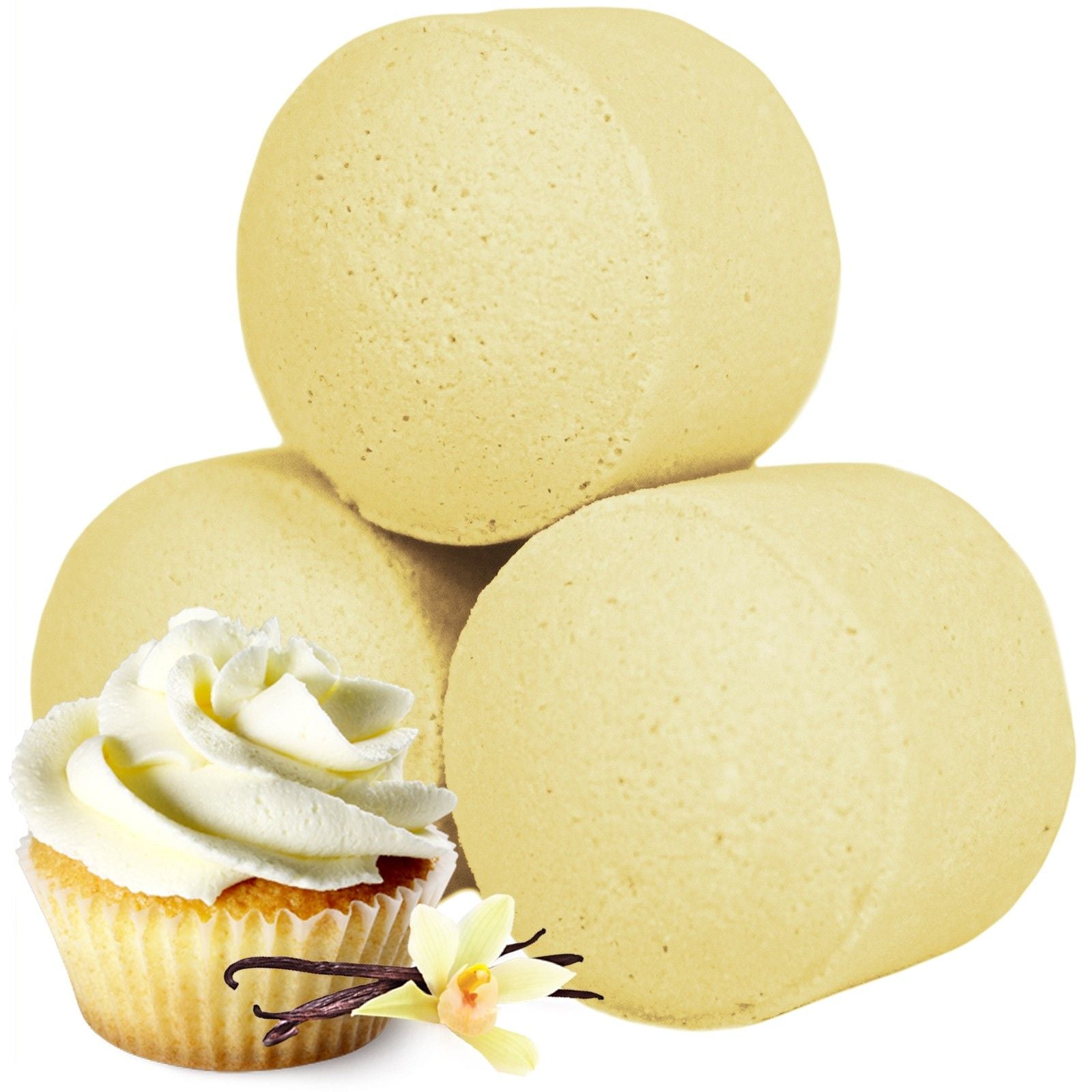 A bulk box containing many small, cream-colored mini bath bombs featuring a sweet, nostalgic vanilla aroma.