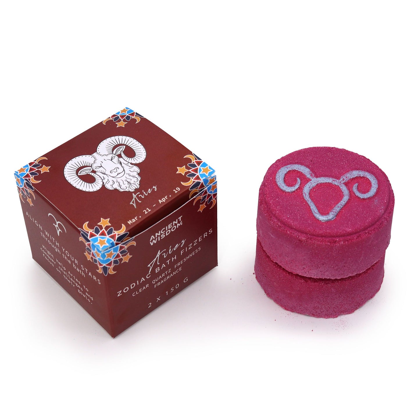 A red-themed zodiac bath fizzer set for Aries, including a horoscope card and decorative packaging.