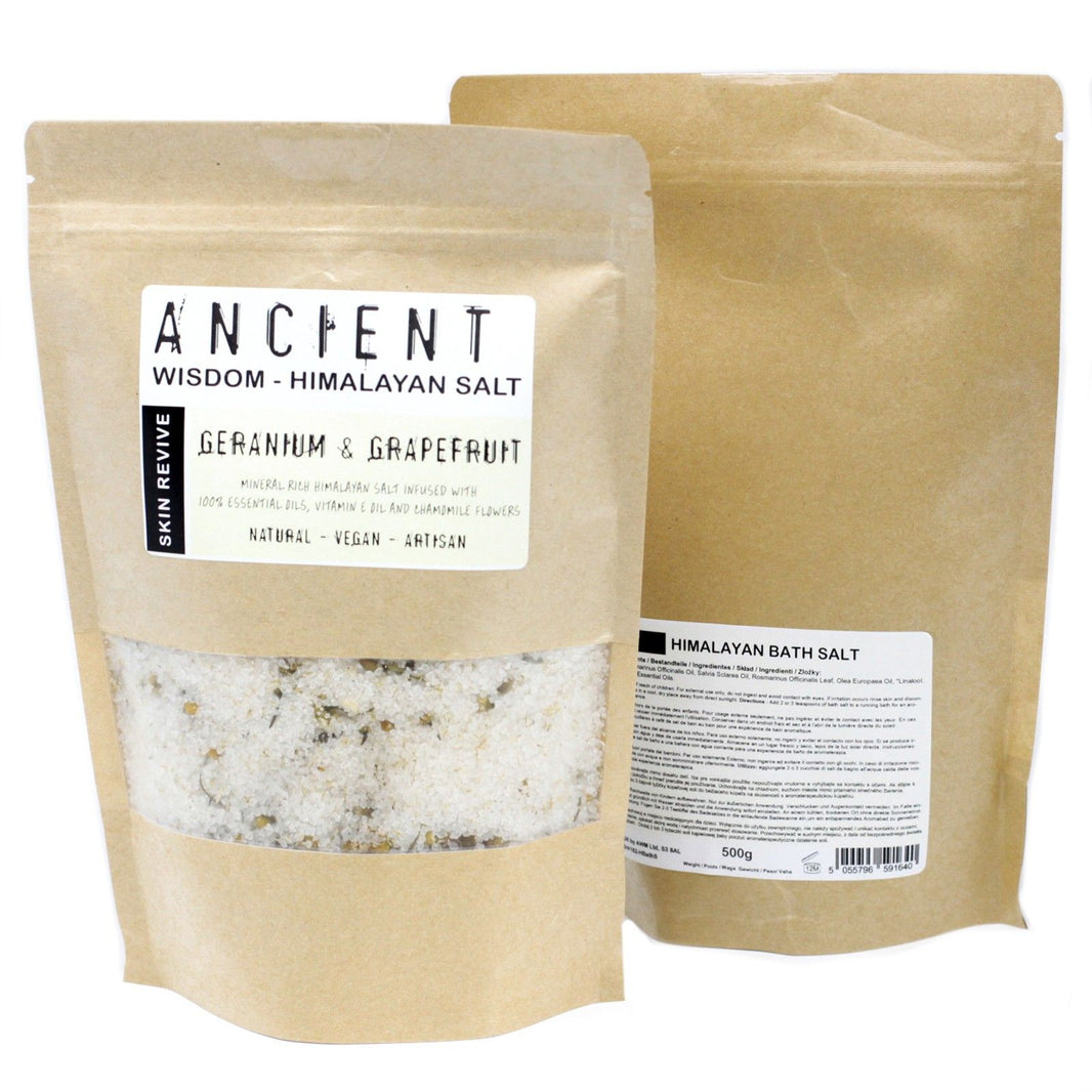 A 500g kraft paper pouch of pink Himalayan bath salts formulated for skin rejuvenation and mineral replenishment.
