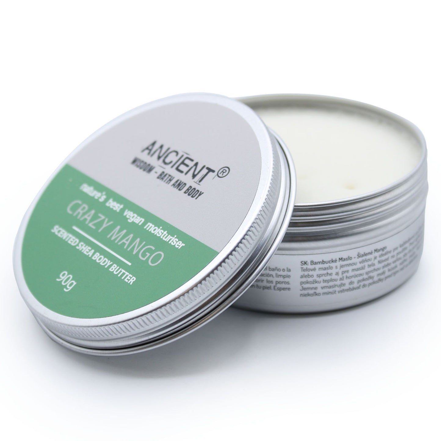 A 90g jar containing vibrant orange-tinted shea body butter with a zesty, energizing mango fragrance.