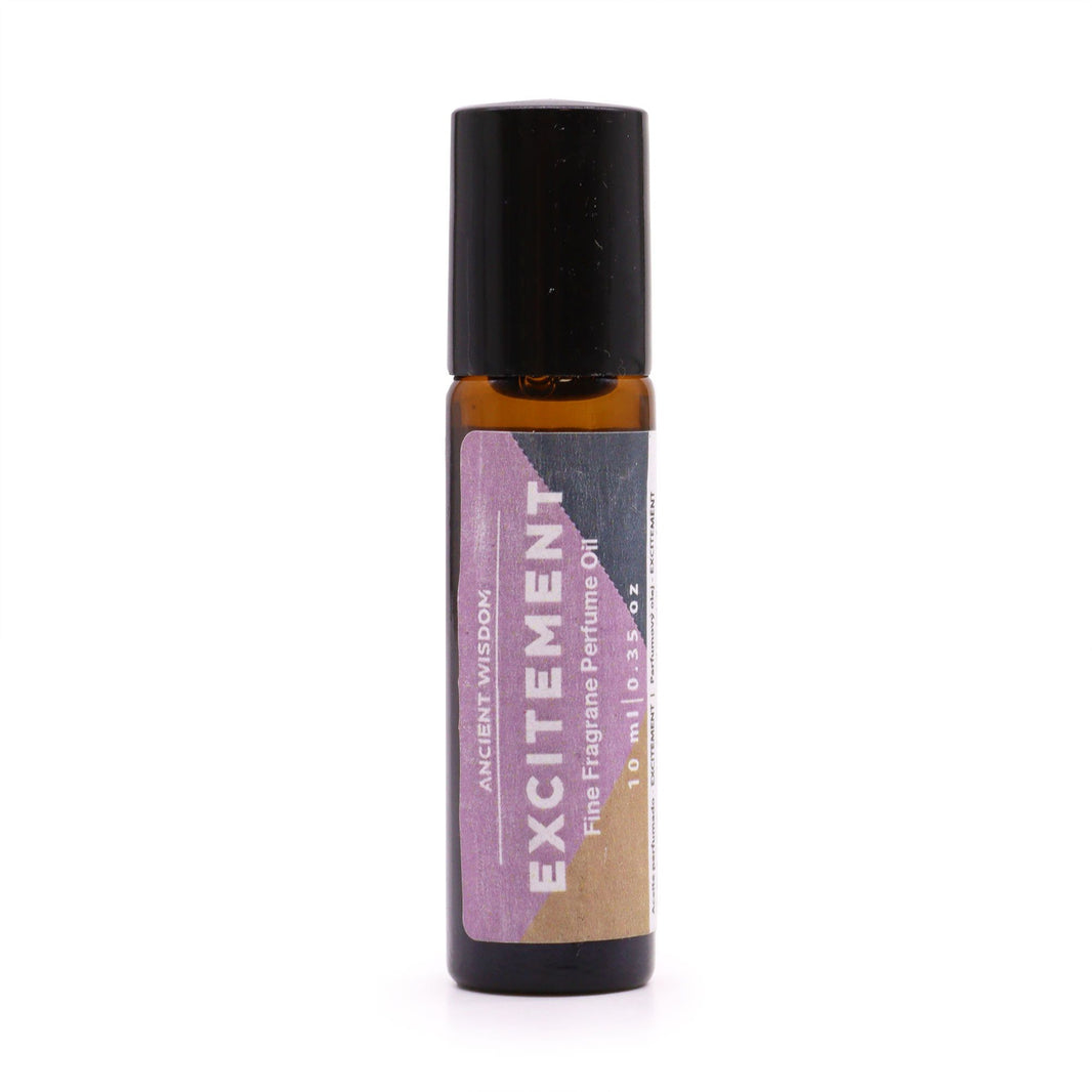 A slim 10ml glass rollerball bottle of perfume oil featuring a purple and gold label with a metallic cap.