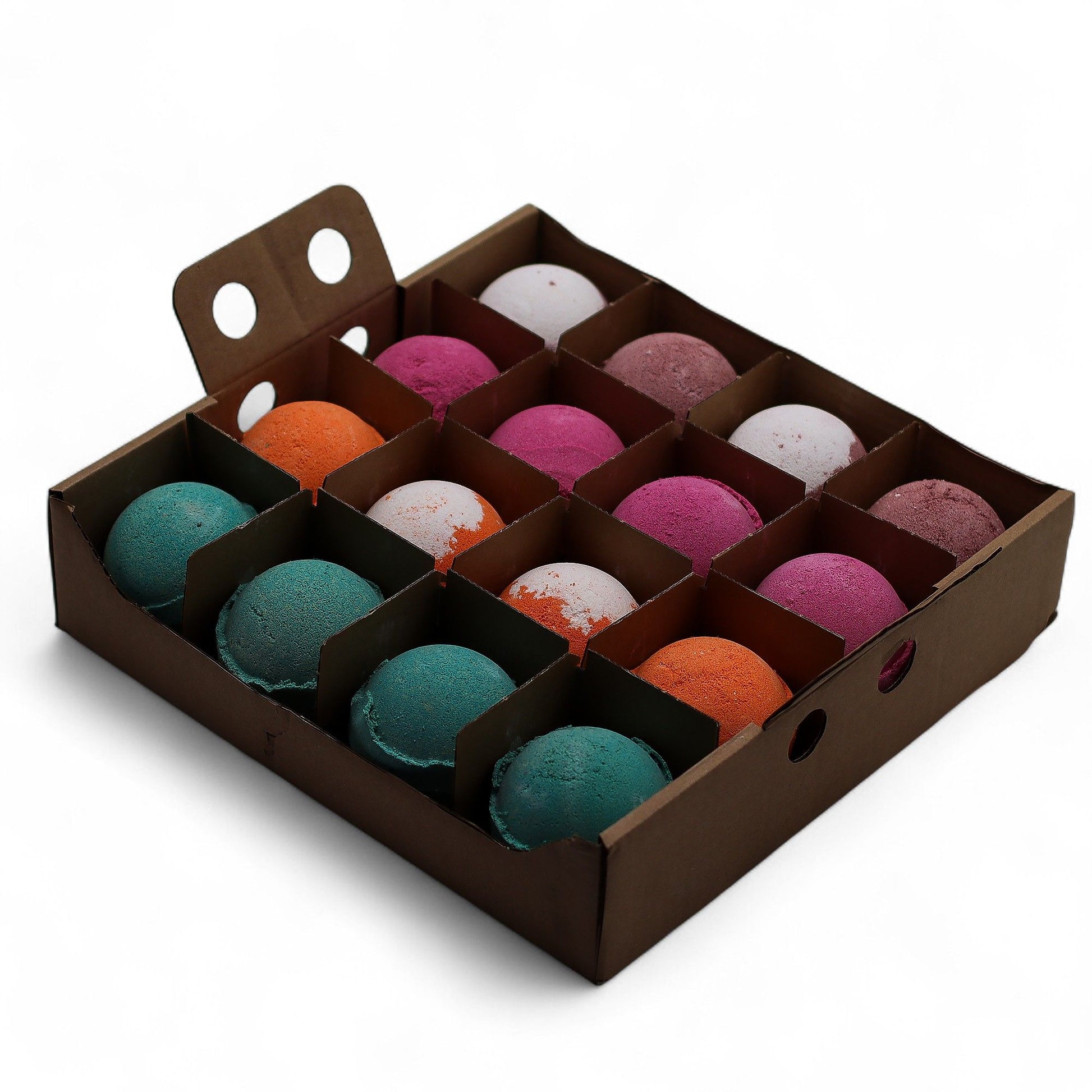 A professional wooden display box featuring a grid of sixteen colorful, assorted bath bombs in various festive shades.