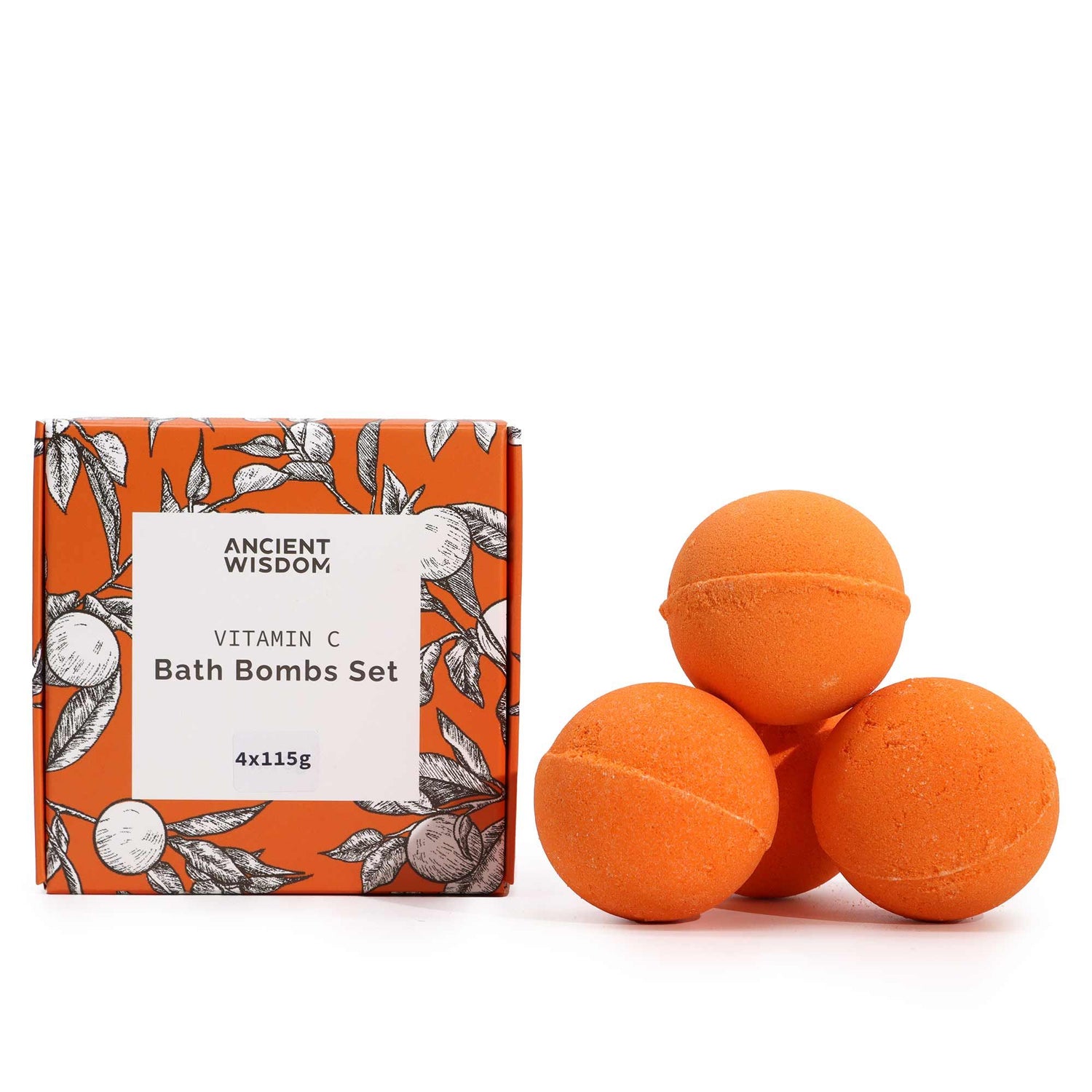 An orange-labeled box containing four large citrus-scented Vitamin C bath bombs for refreshing aromatherapy rituals.