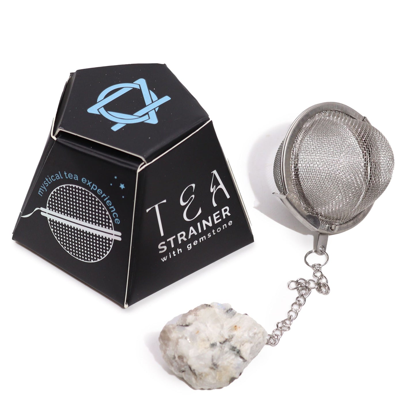 Stainless steel tea infuser ball with a raw rainbow moonstone crystal hanging from a silver chain.
