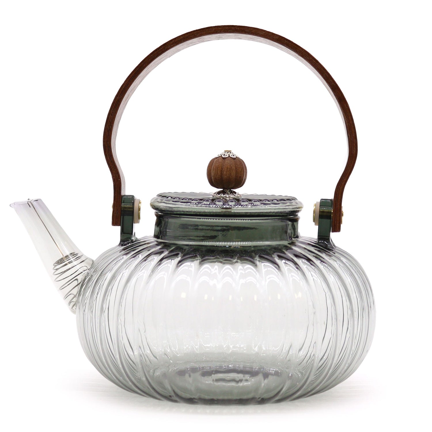 A large round glass teapot with charcoal-toned ribbed glass texture and a sturdy dark handle.