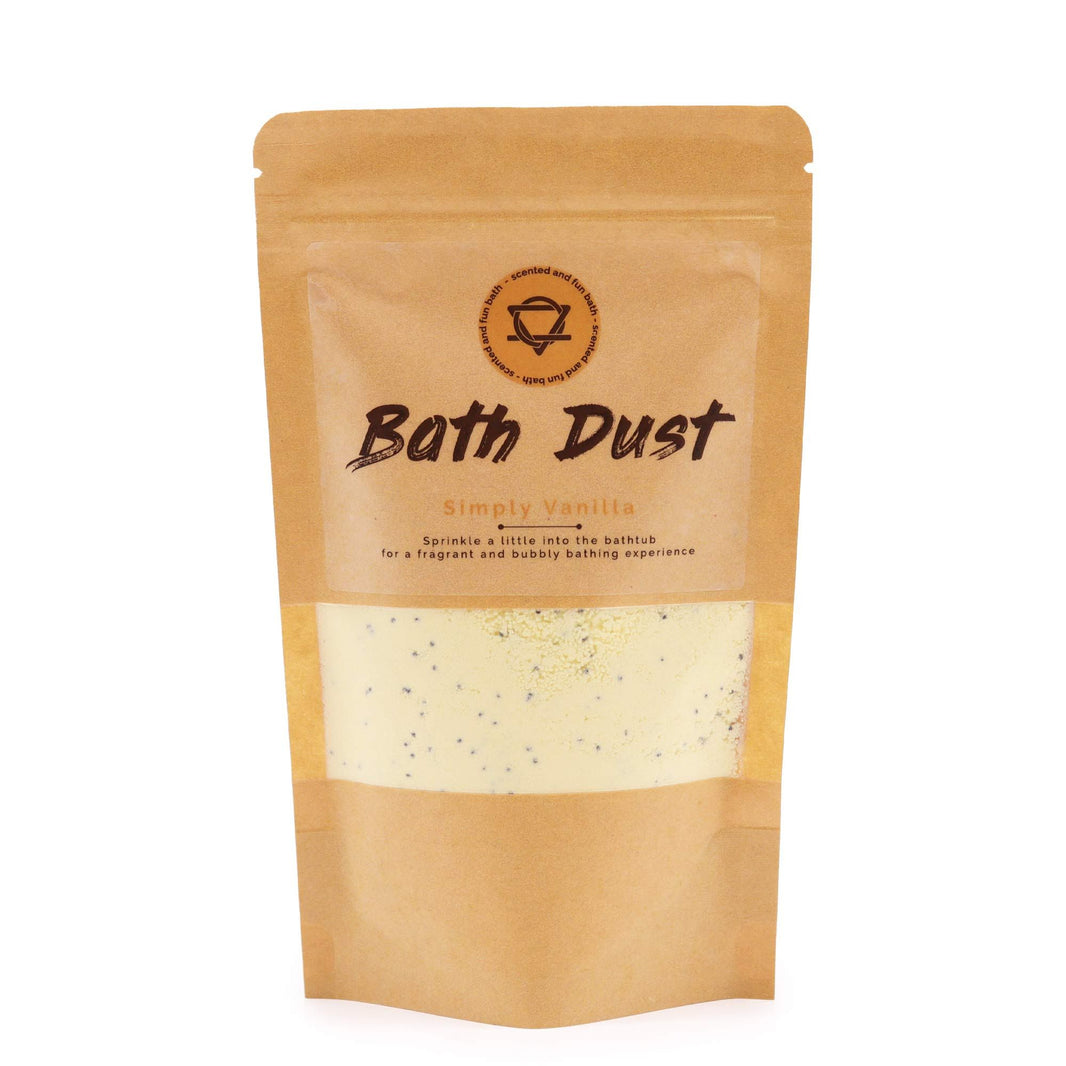 A 190g eco-friendly paper pouch filled with cream-colored fizzy bath dust scented with sweet vanilla.