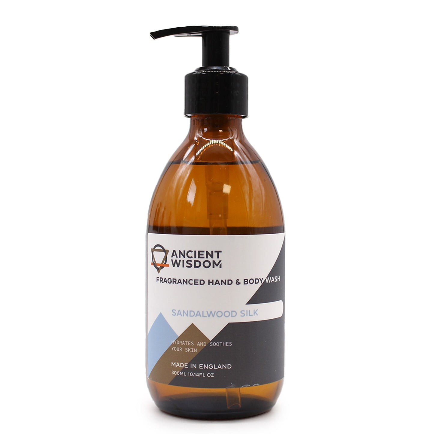 A 300ml amber pump bottle of sandalwood silk hand and body wash featuring a professional apothecary-style label.
