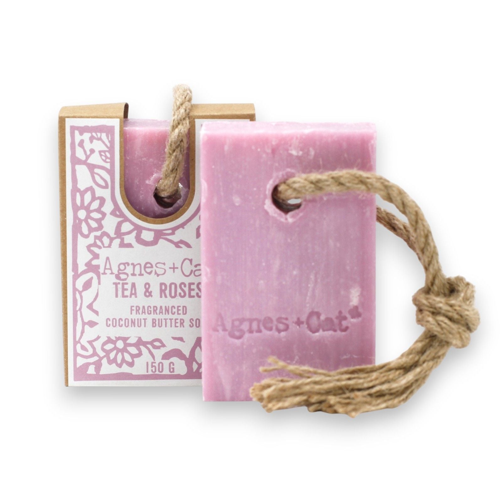 A 150g bar of floral-scented soap on a natural rope, featuring pink and cream layers for a luxury bath experience.