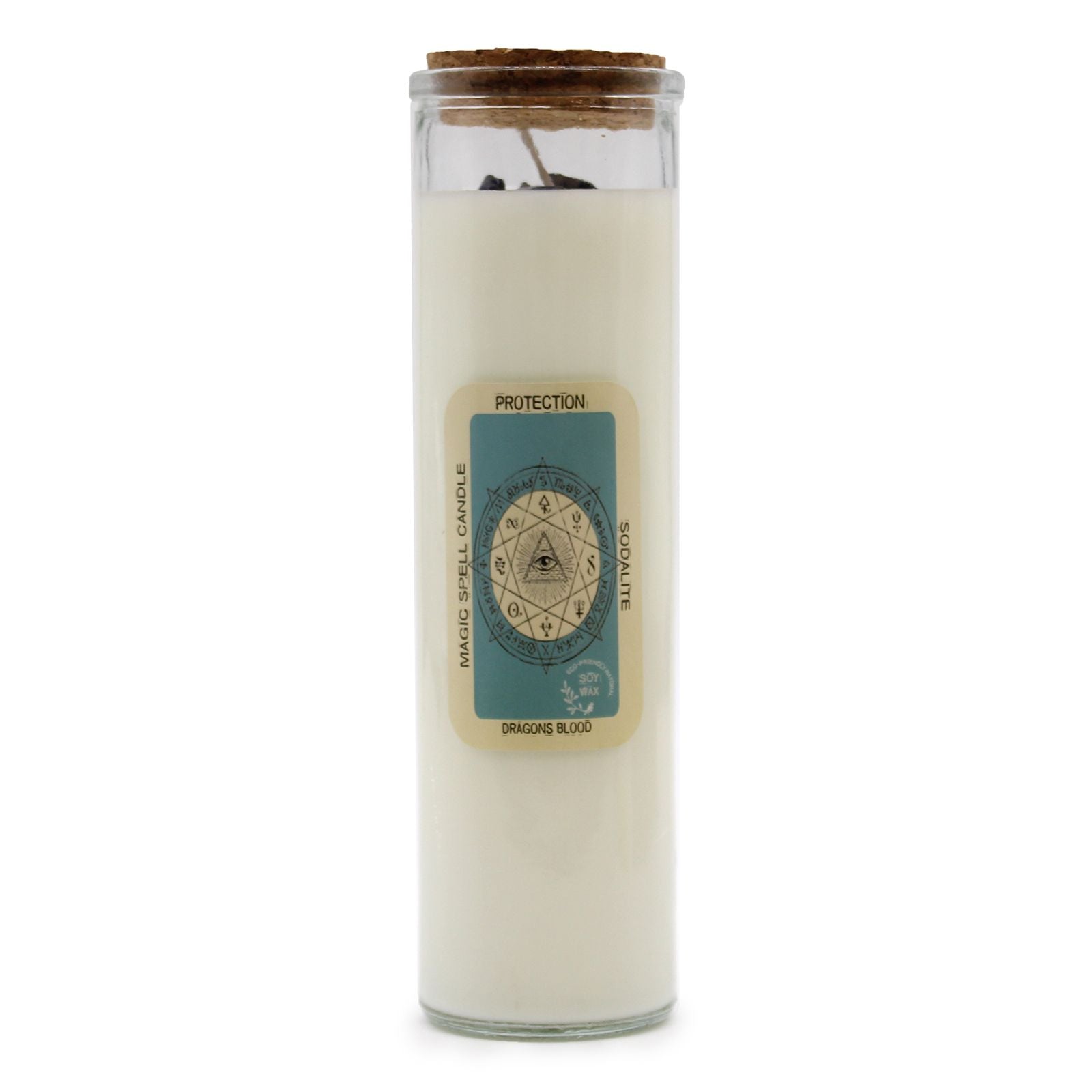A tall white spell candle in a protective clear wrap with a mystical 'Protection' label and herb-inspired art.