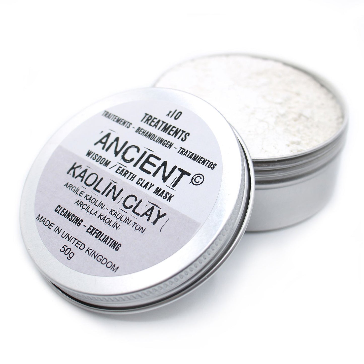 A metal tin containing 50g of fine white Kaolin clay powder for natural skincare rituals.