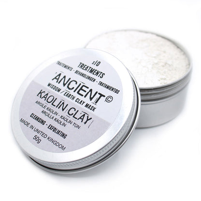 A metal tin containing 50g of fine white Kaolin clay powder for natural skincare rituals.