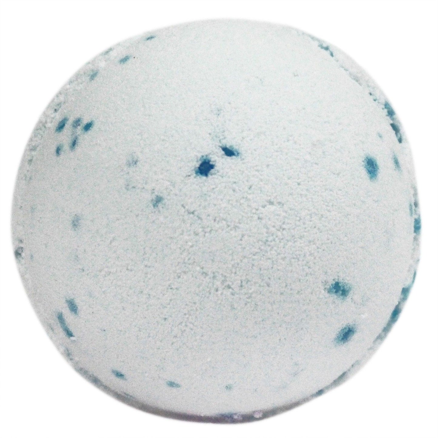 A large 180g white round bath bomb with blue speckles, featuring a fresh and invigorating ocean fragrance.