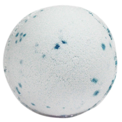A large 180g white round bath bomb with blue speckles, featuring a fresh and invigorating ocean fragrance.
