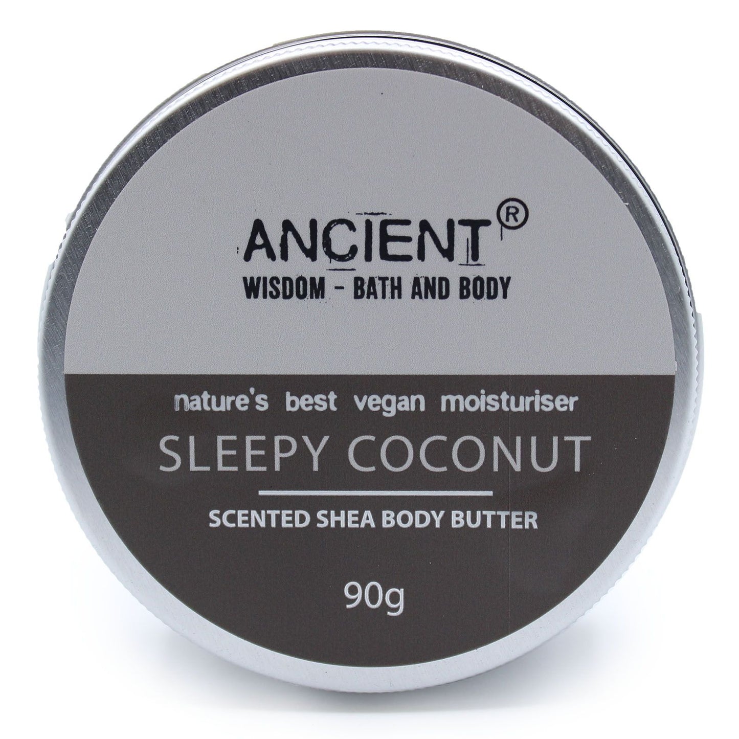 A 90g jar of white shea body butter featuring a calming coconut fragrance and a premium black and silver label.