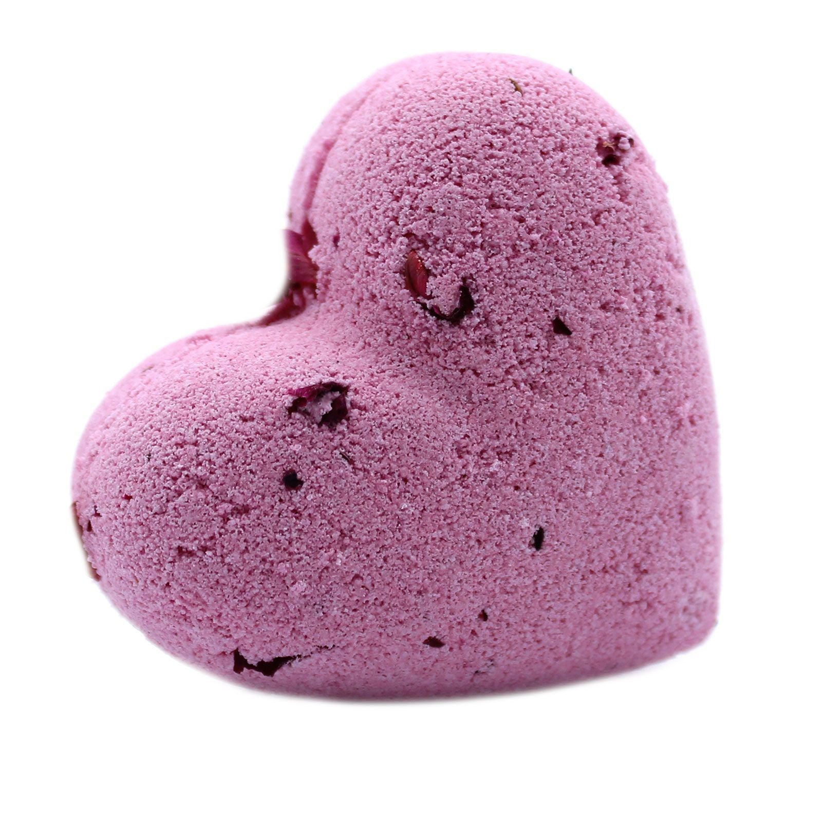 A purple heart-shaped 70g bath bomb featuring a romantic blend of ylang ylang and rose essential oils.
