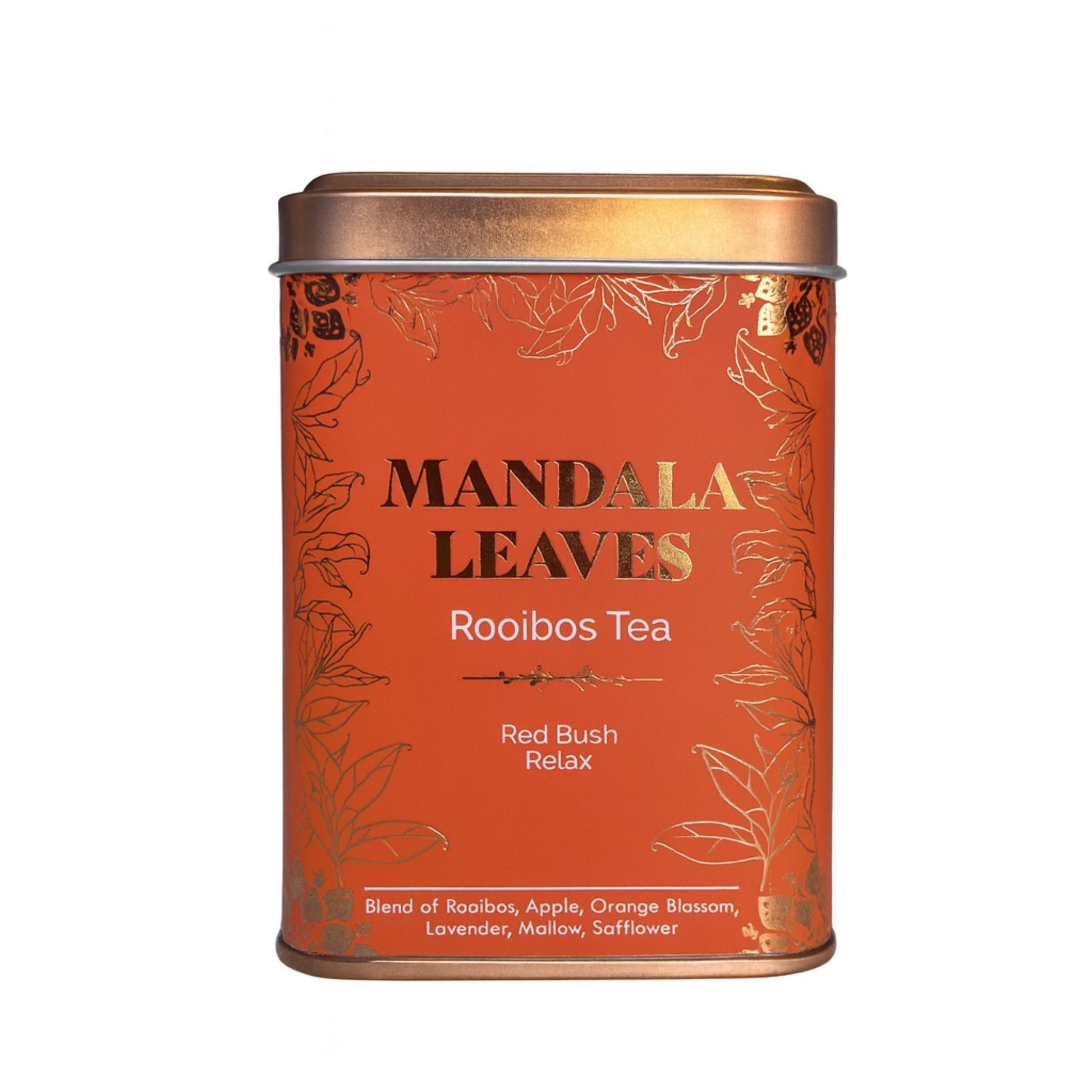 A small rectangular orange tea tin featuring "Red Bush Relax" branding and minimalist graphic designs.
