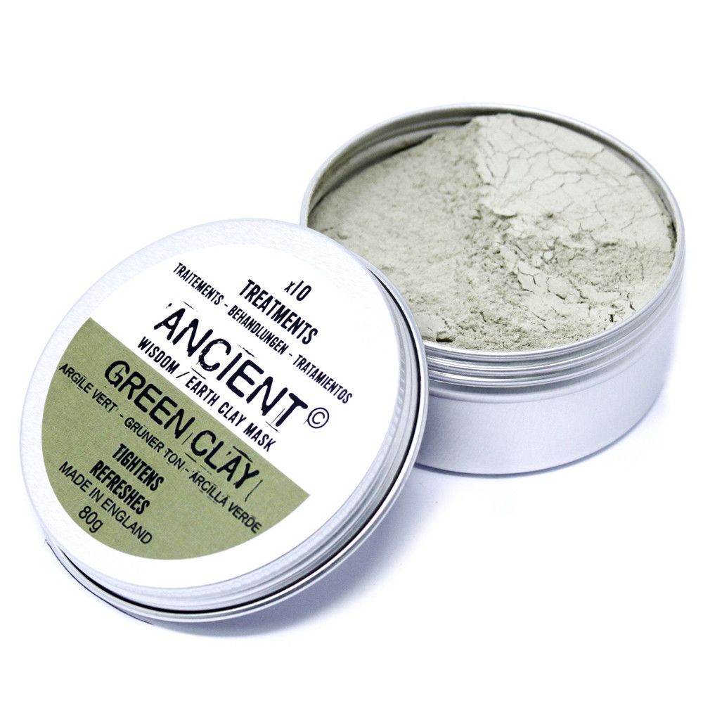 A metal tin containing 100g of fine green clay powder for natural facial detox treatments.