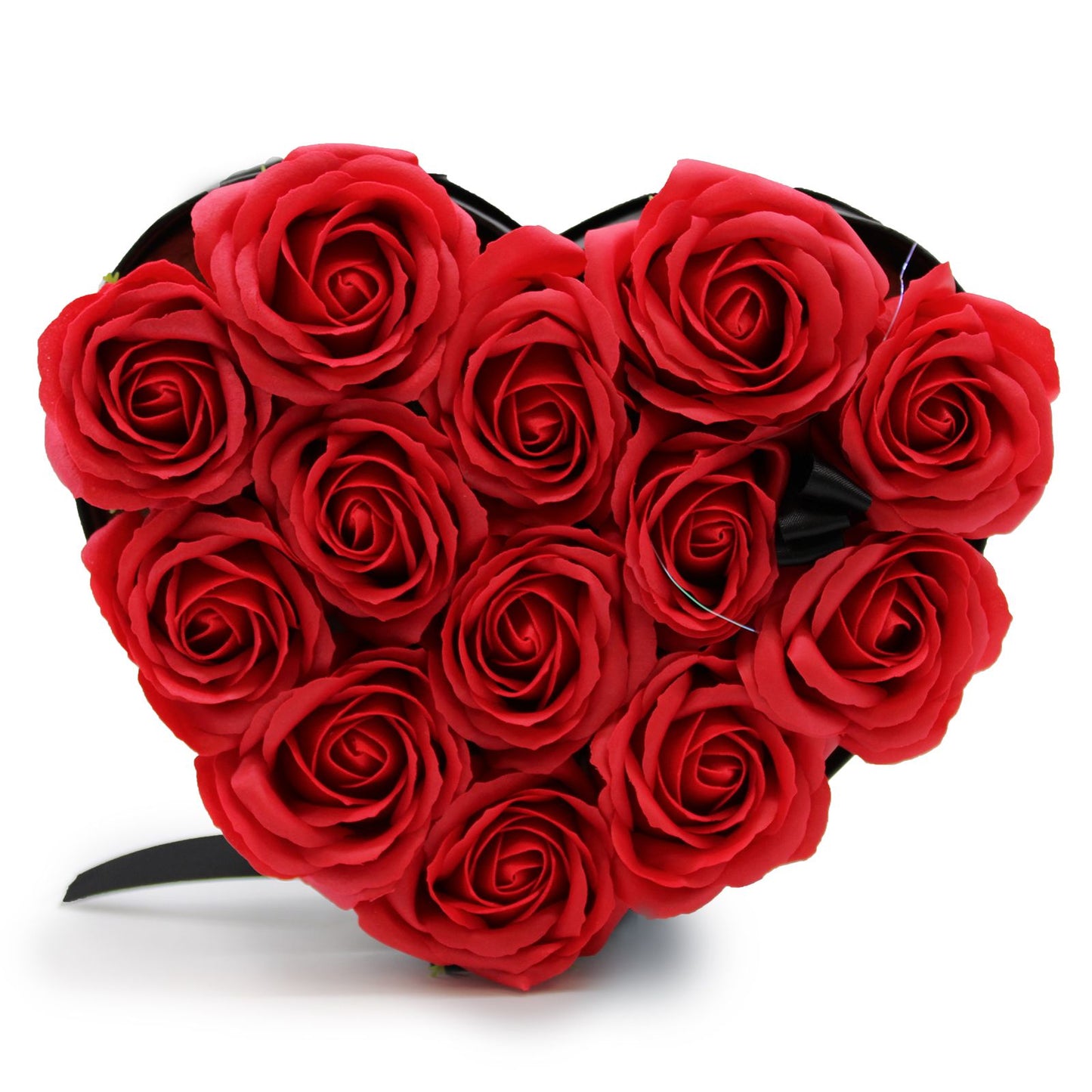 A heart-shaped gift box filled with 13 realistic red soap roses, designed for romantic occasions and self-care.