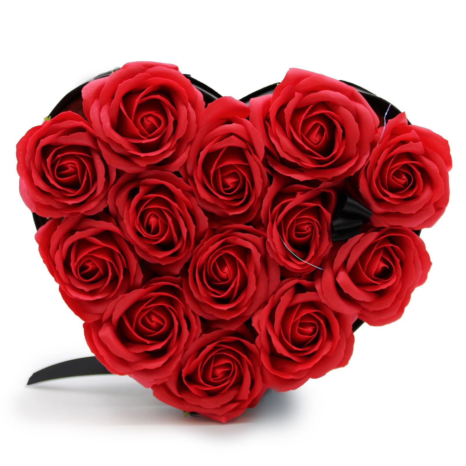 A heart-shaped gift box filled with 13 realistic red soap roses, designed for romantic occasions and self-care.