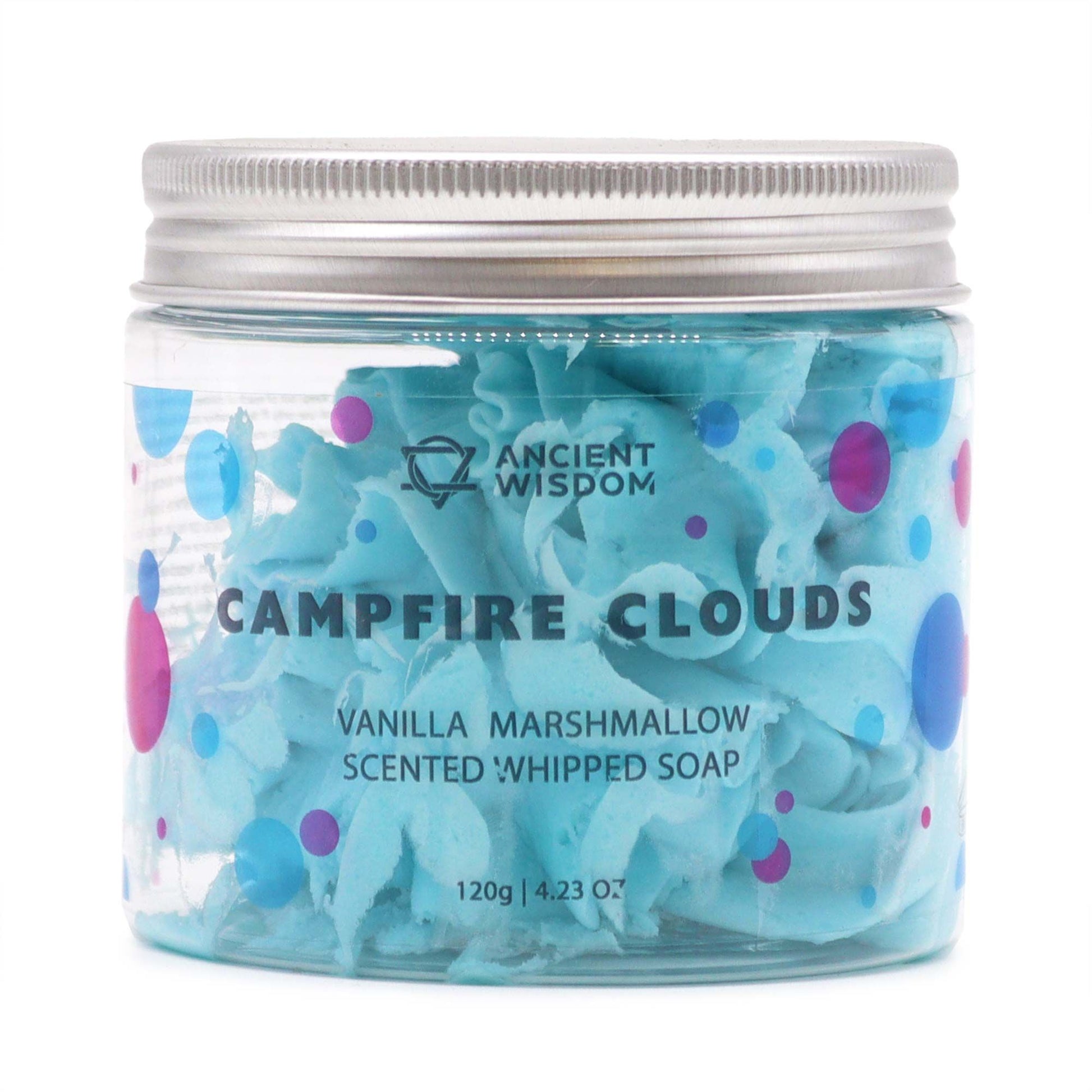 A 120g clear jar containing light blue and white swirled whipped cream soap with a sweet marshmallow fragrance.