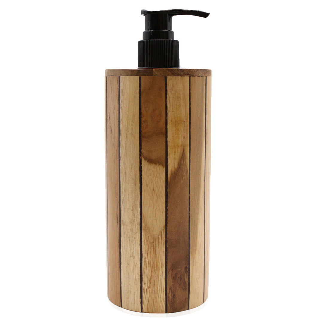 A round liquid soap dispenser handcrafted from warm-toned natural teakwood with a sleek black pump head.