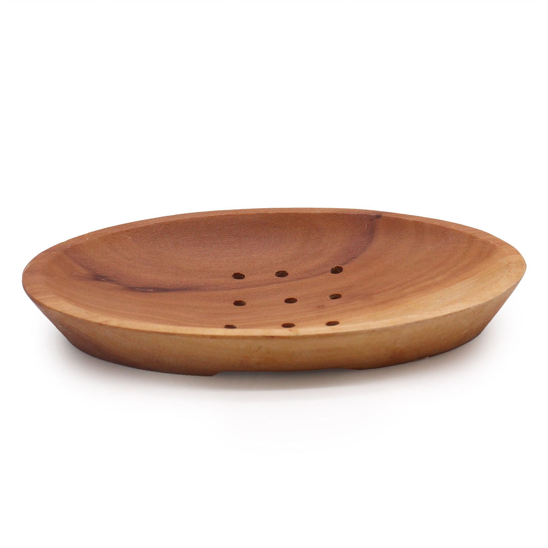 A smooth, dark mahogany wood soap dish in a classic oval shape with three central drainage holes for bar longevity.
