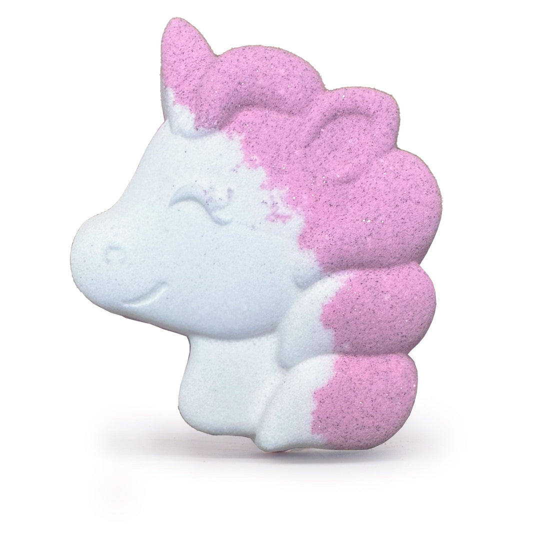 A 100g bath bomb shaped like a white unicorn head with a bright pink mane and horn, scented with passion fruit.