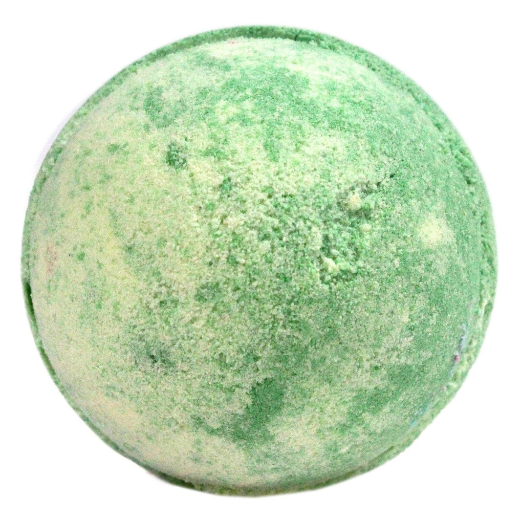 A large 180g light green round bath bomb with dark green speckles, featuring a sweet and refreshing melon fragrance.