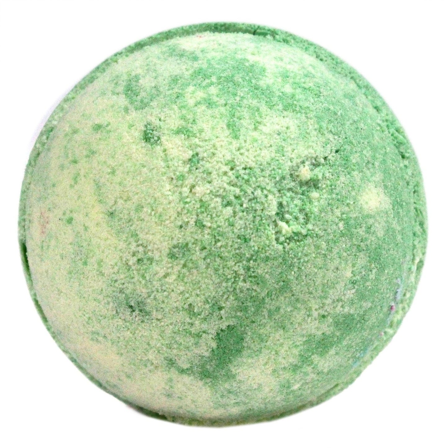A large 180g light green round bath bomb with dark green speckles, featuring a sweet and refreshing melon fragrance.