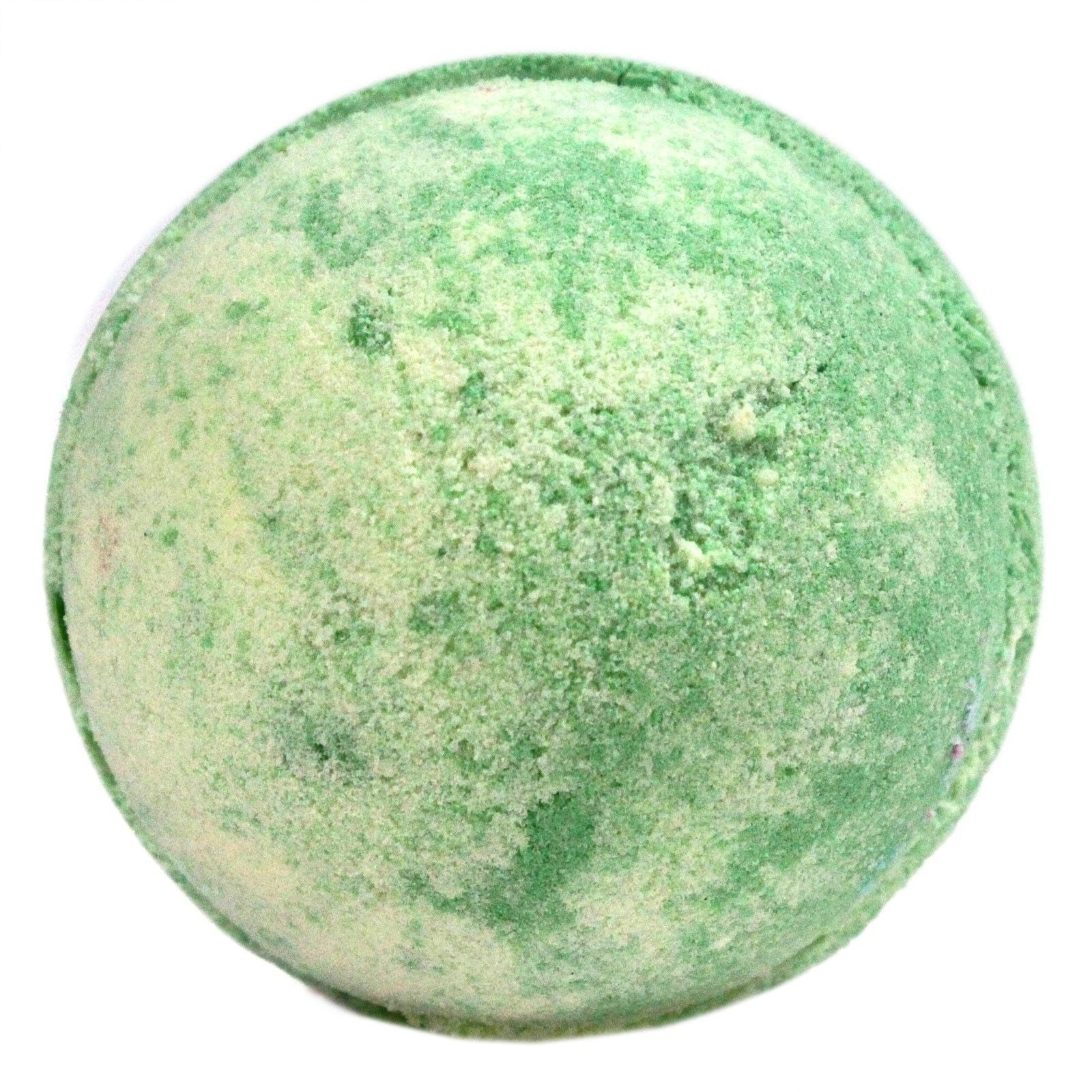 A large 180g light green round bath bomb with dark green speckles, featuring a sweet and refreshing melon fragrance.