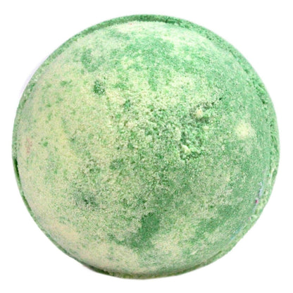 A large 180g light green round bath bomb with dark green speckles, featuring a sweet and refreshing melon fragrance.