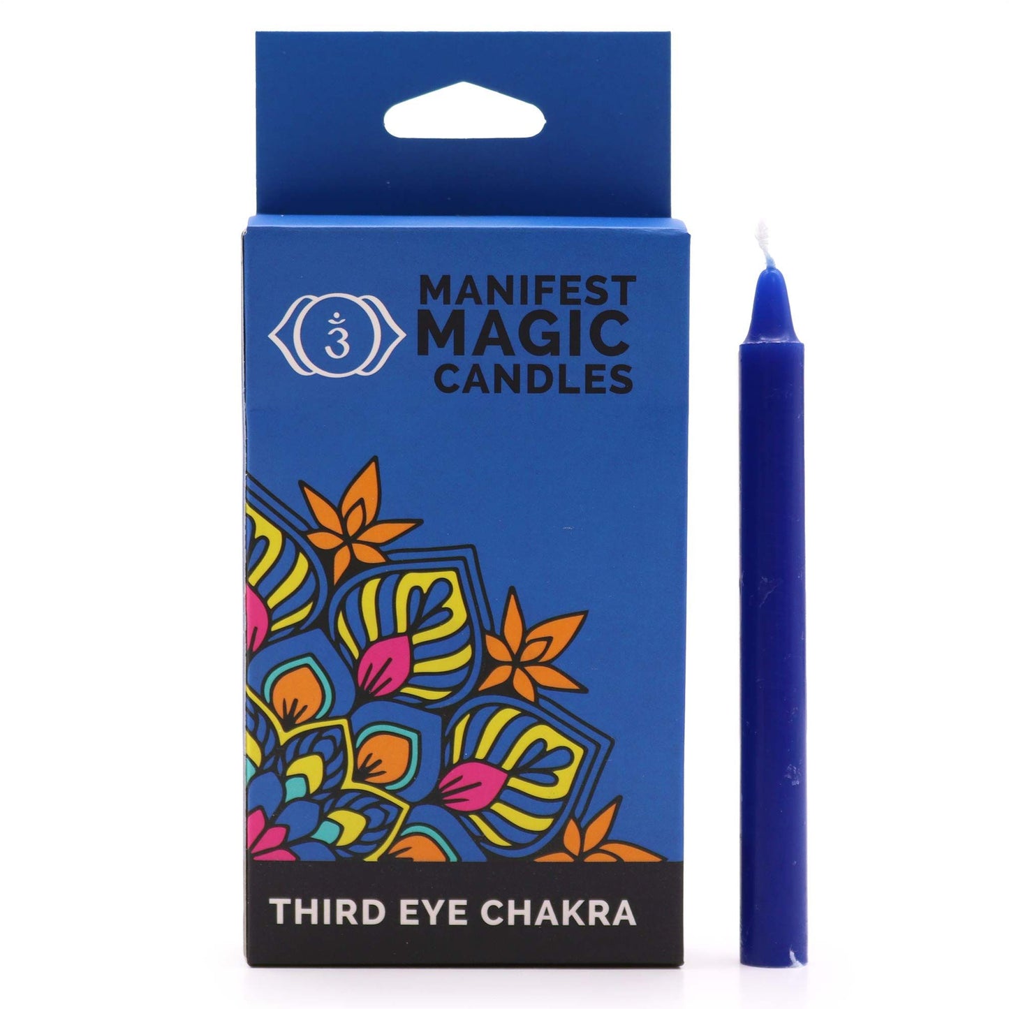 A dark blue manifest candle box containing twelve slim candles for third eye chakra and intuitive spiritual work.