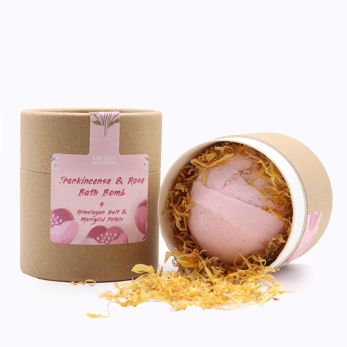 A round cardboard gift tube with pink floral patterns containing a selection of rose-scented bath essentials.