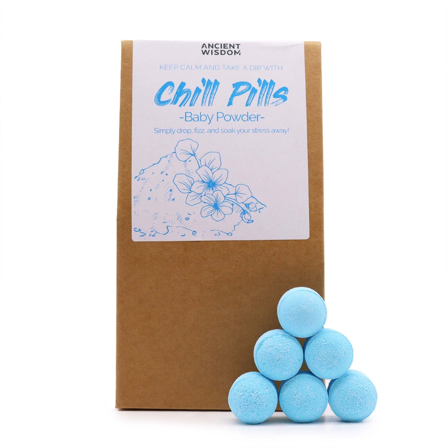 A kraft paper gift bag containing light blue mini bath fizzers featuring a classic, soothing baby powder scent.