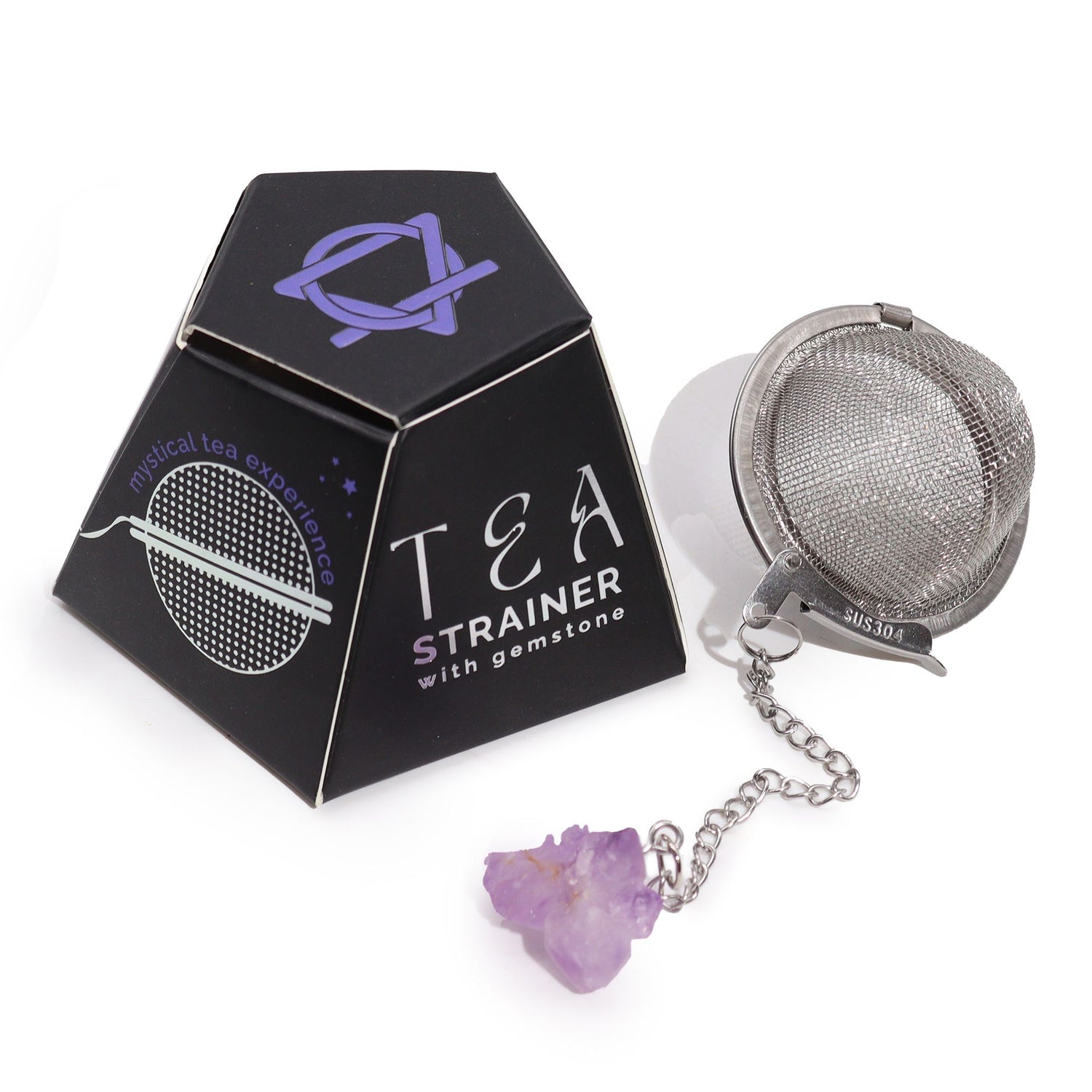 Stainless steel mesh tea infuser ball with a rough purple Amethyst cluster gemstone hanging on a silver chain.